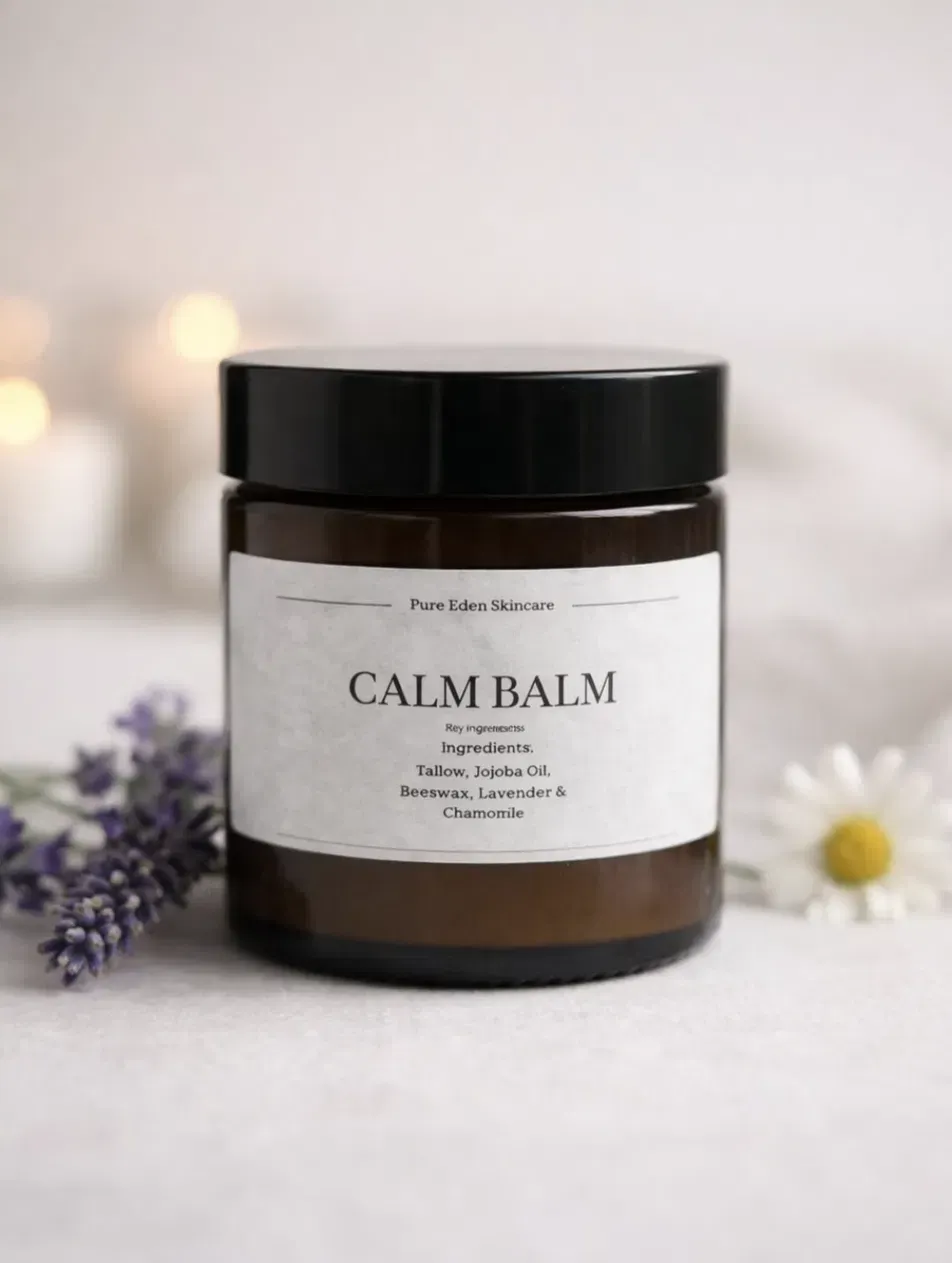 Pure Eden Calm Balm in an amber glass jar