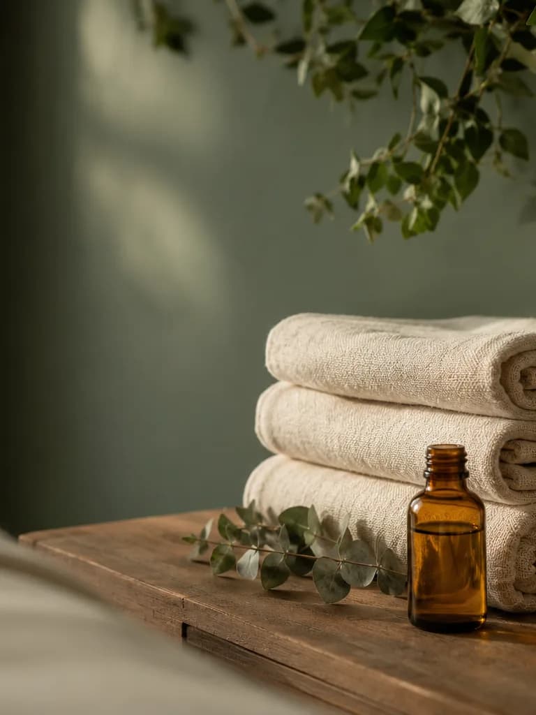 A calm, daylit corner of the Pure Eden treatment room with folded linen, massage oil and eucalyptus